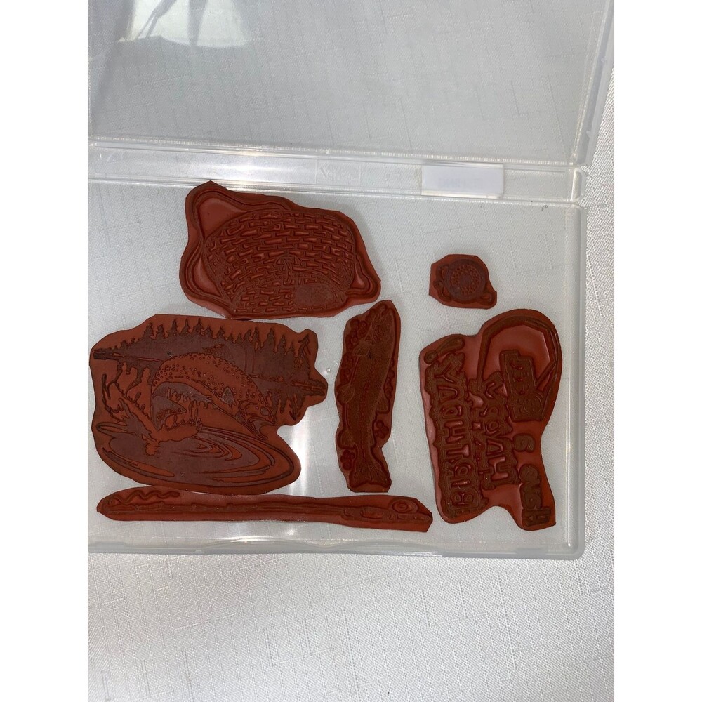 Rare Fishing Stamp Set 6 Bass Rod Lake Happy Birthday Cards Scrapbooking Craft